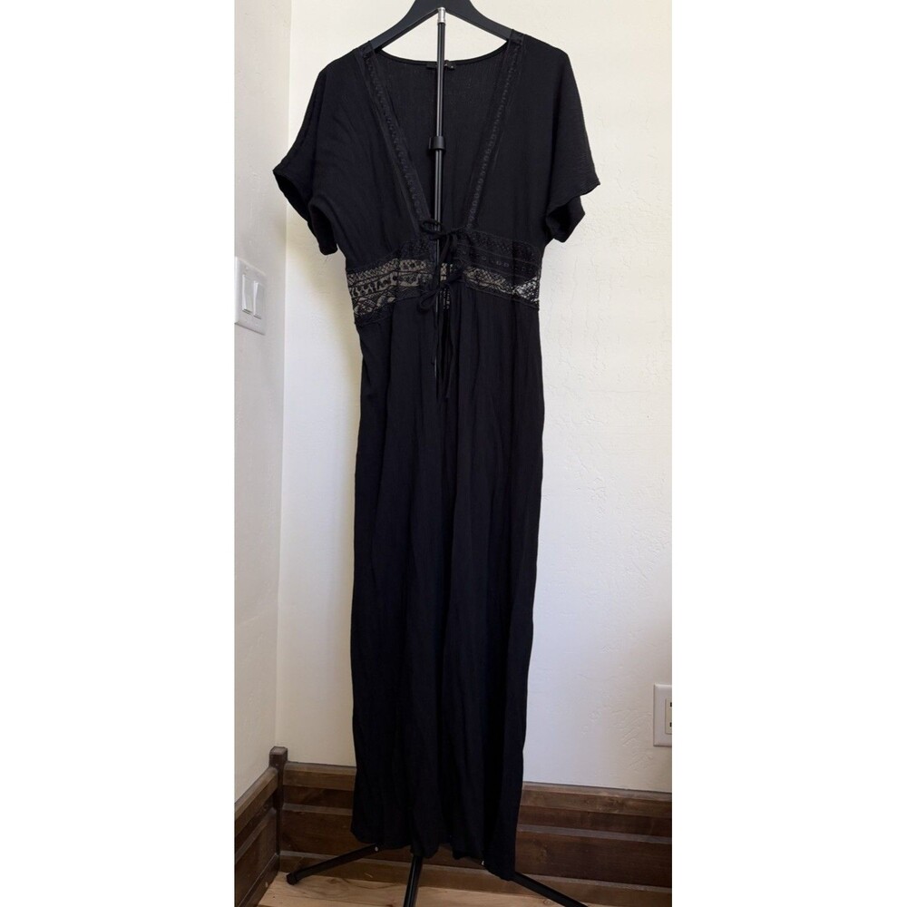 JQ by Jenerique Women's Swim Coverup Long Lace Black S Tie Front Beach Dress